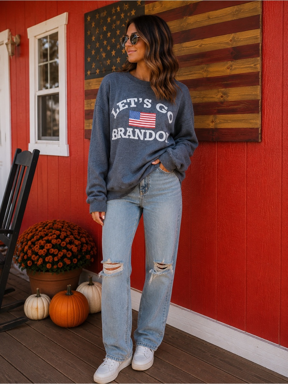 Let’s Go Brandon Graphic Crewneck Sweatshirt – Charcoal Gray USA Flag